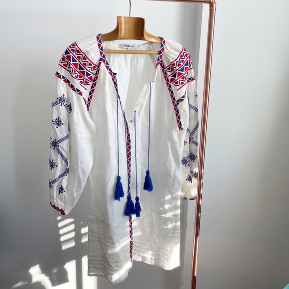 MARCH 11 Tunic Dress White Linen Embroidered Balloon Sleeve Peasant Button Front - Picture 2 of 11